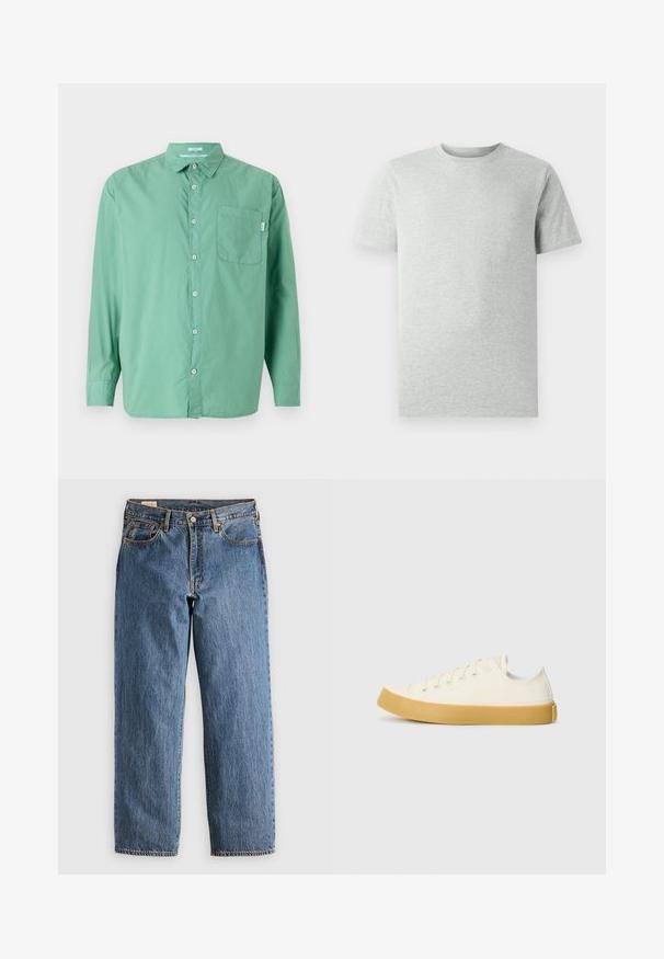 Camicia verde con bottoni, maniche lunghe, materiale in cotone, tasca sul petto singola, vestibilità rilassata, texture sottile e design del colletto classico.; Maglietta a maniche corte grigia chiara, girocollo, mostrata su uno sfondo bianco, vista frontale senza loghi o design visibili.; Jeans in denim blu con taglio dritto, dotati di vita alta, rivetti in rame e cuciture arancioni. Tasche anteriori e posteriori incluse.; Sneakers in tela di colore avorio con punta rotonda, dotati di suole in gomma beige e cinque occhielli per i lacci, finitura texturizzata sulla parte superiore.
