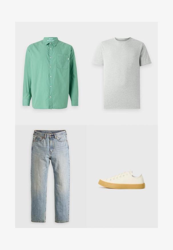 Zeleno srajčno oblačilo, dolgimi rokavi, iz bombažnega materiala, z enim žepom na prsih, sproščenega kroja, subtilne teksture in klasičnega ovratnika.; Enostavna svetlosiva kratka majica s kratkimi rokavi in krožnim ovratnikom, prikazana na belem ozadju, sprednji pogled brez vidnih logotipov ali vzorcev.; Svetlo modri džins hlače z visokim pasom, sprednjim gumbom, zadrgo in petimi žepi, laid flat na nevtralni podlagi.; Platnene superge v off-white barvi z okroglim nosom, z bež gumijastimi podplati in petimi odprtinami za vezalke, z zrnato površino na zgornjem delu.