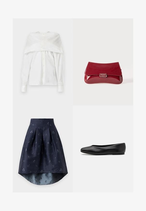 Camicia bianca a maniche lunghe, in tessuto di cotone, con chiusura a bottoni sul davanti, design scollato con retro drappeggiato, texture liscia, colletto classico e polsini.; Gonna alta-basso blu navy con pieghe e un sottile motivo di semi delle carte in un tessuto leggermente lucido.; Paul Smith TOPANGA - Ballerine - black; Borsa a pochette in pelle verniciata rossa con design curvo, pattina pieghevole e un accento del logo metallico su una placca argentata. Tessuto liscio e lucido.