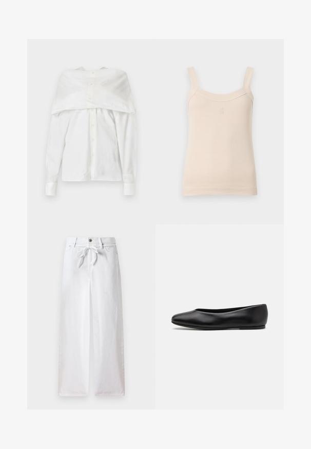 Camicia bianca a maniche lunghe, in tessuto di cotone, con chiusura a bottoni sul davanti, design scollato con retro drappeggiato, texture liscia, colletto classico e polsini.; Top a canotta beige a coste con spalline sottili e scollatura rotonda. Presenta un logo ricamato sul davanti. Texture liscia, design aderente.; Pantaloni bianchi a gamba larga in cotone. Presentano un cordoncino in vita e una chiusura a bottone. Tessuto liscio con un design minimalista.; Paul Smith TOPANGA - Ballerine - black