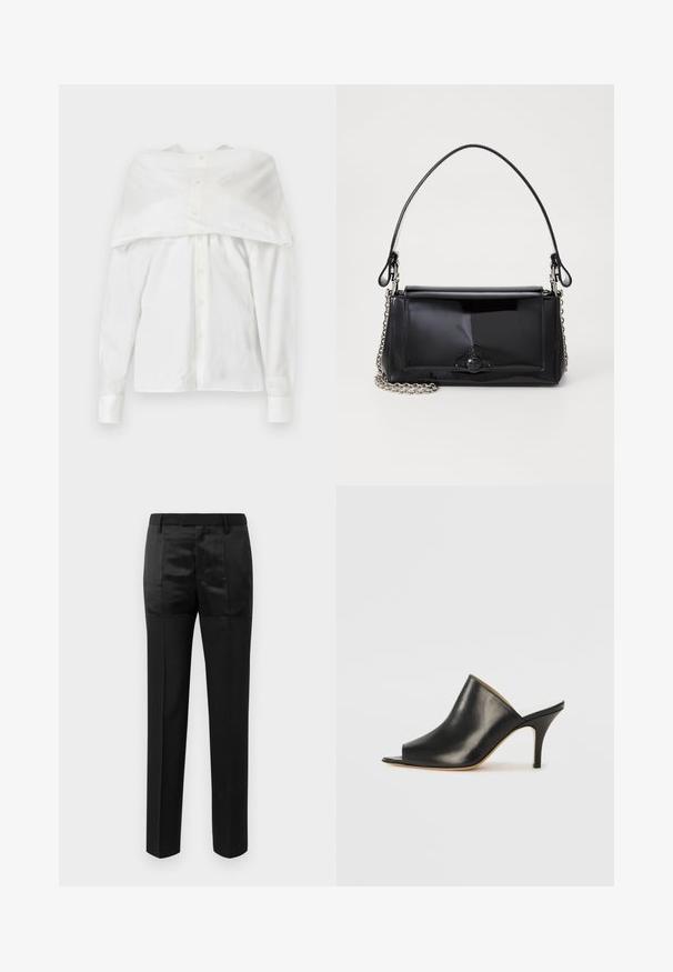 Bela srajca z dolgimi rokavi, bombažna tkanina, spredaj na gumb, z off-shoulder dizajnom in drapirano hrbtno stranjo, gladka tekstura, klasičen ovratnik in manšete.; Črne krojene hlače s ravnimi nogami in pasom z zankami za pas, ki vsebujejo mešanico mat in sijočih tkaninskih panelov.; Črne usnjene mule z odprtim prstom, z elegantno, ukrivljeno zasnovo, visokim stiletto peto in gladko teksturo. Notranjost je v kontrastni svetli barvi.; Črna lakirana usnjena torbica pravokotne oblike, s verižnim trakom in značilnim kovinskim detajlom na sredini. Gladka textura.