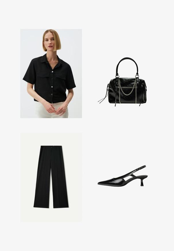 Black short-sleeve shirt made of textured fabric, featuring two front pockets and a collared neckline, with silver buttons down the front.; Bershka WIDE - Trousers - black; Black patent leather slingback heels with a pointed toe, cut-out side design, and a small square heel. Smooth texture with minimal accents.; Bershka WITH CHAIN - Handbag - black