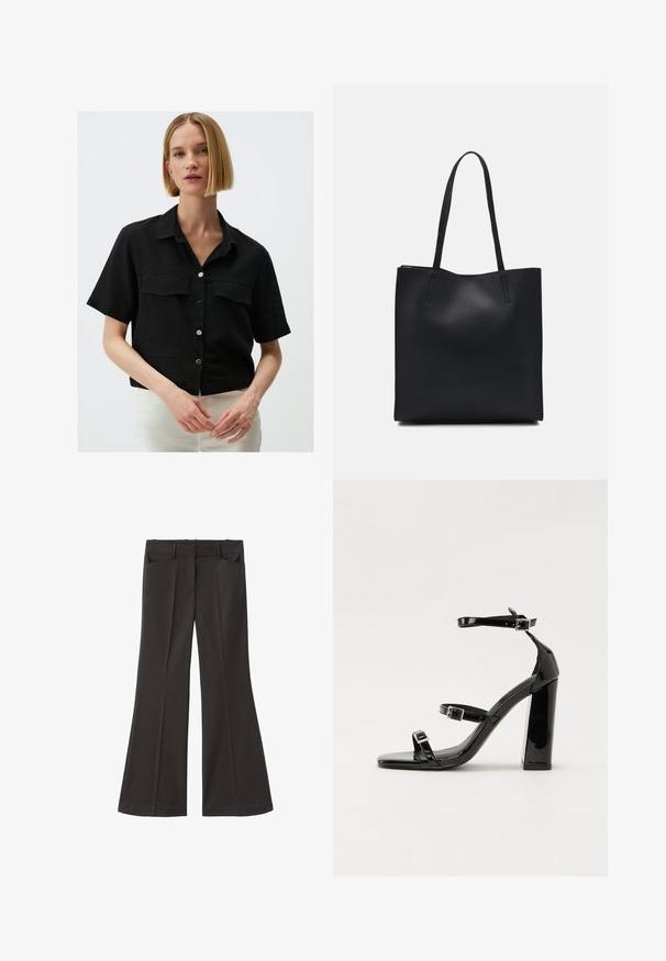 Czarna koszulka z krótkim rękawem, wykonana z fakturowanej tkaniny, z dwiema kieszeniami z przodu i kołnierzykiem, z metalowymi guzikami na przodzie.; Czarne spodnie z szerokimi nogawkami i wysokim stanem; posiadają dwie przednie kieszenie oraz gładką teksturę materiału. Idealne na różne okazje.; Czarne lakierowane sandały na obcasie z kwadratowym noskiem, z paskami wokół kostki i srebrnymi klamrami. Posiadają masywny słupek dla stabilności.; Czarna skórzana torba tote o gładkiej fakturze, prostokątnym kształcie i dwóch długich uchwytach. Brak widocznych elementów metalowych i ozdób.