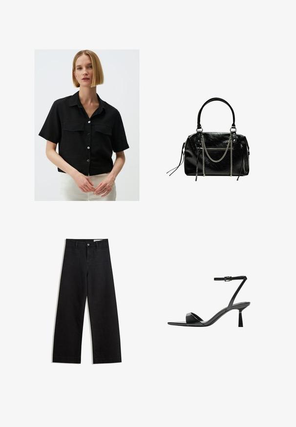 Zwart shirt met korte mouwen van gestructureerde stof, voorzien van twee voorzakken en een kraaghals, met zilveren knopen aan de voorkant.; Zwarte denim broek met wijde pijpen en een hoge taille, voorzien van voor- en achterzakken, gestikte naden en een knoopsluiting. Gladde textuur.; Bershka Sandalen met hoge hak - black; Bershka WITH CHAIN - Handtas - black