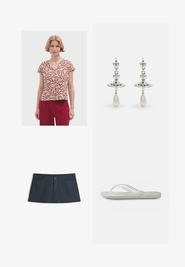Blúzka s krátkym rukávom v béžovej farbe so vzorom červených kvetov a zelených listov, so výstrihom do V a voľným strihom.; Námorníckom modré mini sukne s pruhmi, so prednými vreckami a jednoduchým gombíkom na zapínanie v páse.; Biele žabky s textúrovanou podrážkou, tenkými popruhmi a plochým dizajnom. Vyrobené z gumy s jemným logom na podošve.; Strieborné náušnice s obručou v tvare kruhu, zdobené žiariacimi kameňmi a perlou v tvare kvapky. Výnimočný dizajn s prepracovanými detailami.