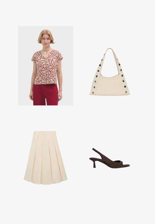 Blusa a maniche corte in tessuto beige con motivi floreali rossi e foglie verdi, dotata di scollo a V e vestibilità comoda.; Gonna plissè in tessuto color crema; presenta una consistenza morbida, un design a metà lunghezza e pieghe simmetriche che si estendono dalla vita all'orlo.; Tacchi slingback in suede marrone con design open-toe, caratterizzati da un tacco curvo basso e una texture morbida in tutto il loro corpo.; PULL&BEAR SHOULDER - Shopping bag - beige