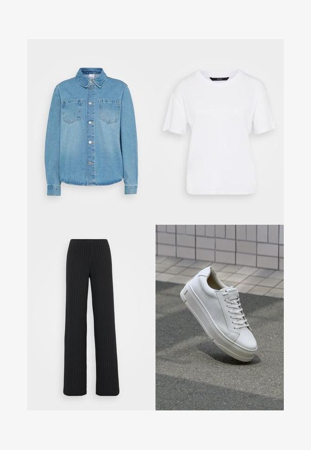 Jaqueta de denim azul claro com fecho de botões na frente, dois bolsos no peito, gola e mangas longas com punhos abotoados.; T-shirt branco de manga curta feito de algodão. Apresenta um decote redondo e um corte descontraído, com um design simples e sem padrões ou acentos visíveis.; Vero Moda Tall VMBERLIN MY WIDE - Calças - obsidian/oatmeal; Sapatilhas de couro branco com um design de baixo, atacadores planos, bico arredondado e lados texturizados. Sola de borracha espessa com detalhes subtis.