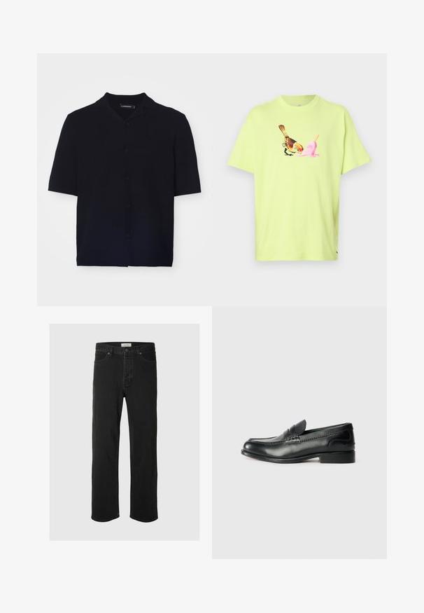 Kratka črna srajca s kratkimi rokavi iz strukturirane tkanine, ki ima kamp ovratnik in šest ujemajočih gumbov spredaj.; Limeta zelena bombažna majica z grafiko ptice in rožnato sladoledno korneto, s preprostim okroglim izrezom in kratkimi rokavi.; Črne usnjene naravne hlače imajo klasičen pet-žepni dizajn z gumbom za zapiranje, minimalnim šivanjem in mehkim občutkom.; Črni usnjeni loafersi z gladko površino, šivanim detajlom čez vamp in rahlo dvignjenim peto.