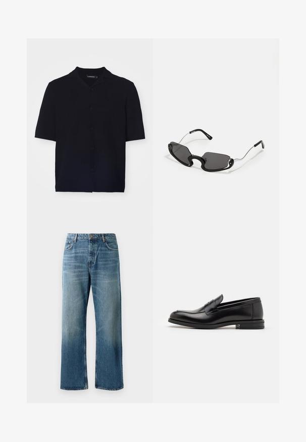 Kratkām piedurknēm melna pogājama krekla ar teksturētu audumu, kurā ir nometnes apkakle un sešas saskaņotas pogas priekšpusē.; Gaisni zilas plata kāju džinsi ar izbalējušu mazgāšanu, ar vienu pogu, piecām kabatām un kontrastējošiem šuvēm.; Melnas ādas kurpes ar gludu tekstūru, noapaļu purngalu un dekoratīvu siksniņu pāri priekšpusei. Zems sakrauts papēdis, minimālisma dizains.; Melni saules brilles ar unikālu vairoga formu, kurām ir tumši lēcas un plānas sudraba metāla kājas. Rāmjiem ir noapaļoti akcenti un drosmīgs dizains.