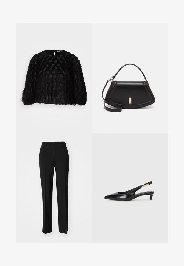 Cappa nera corta con superficie testurizzata caratterizzata da motivi intrecciati e frangiati. Collo arrotondato e chiusura con zip sul retro.; Pantaloni neri su misura con un design a gamba dritta, caratterizzati da una texture liscia e pieghe ben definite sul davanti. Senza hardware visibile.; Tacchi slingback in pelle nera con punta affusolata, caratterizzati da un tacco alto e un accento dorato sulla cinghia regolabile. Texture liscia.; Borsa a mano in pelle nera con un design strutturato, caratterizzata da una forma corta, manico superiore e accessori in metallo dorato. Inclusa tracolla regolabile.