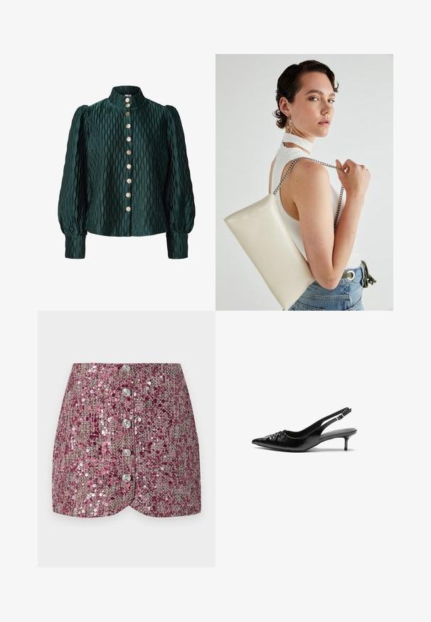 Dark green textured blouse with puffed long sleeves, high collar, and a front row of eight gold round buttons.; Pink sequin skirt with a textured weave, featuring a fitted design and five silver buttons down the front. Shaped hem and shimmering accents.; Black leather slingback heels with a pointed toe, small kitten heel, and a decorative knot detail on the front. Smooth texture throughout.; White rectangular clutch bag made of glossy material, featuring a silver chain strap. Model poses, showcasing the bag against a plain background.