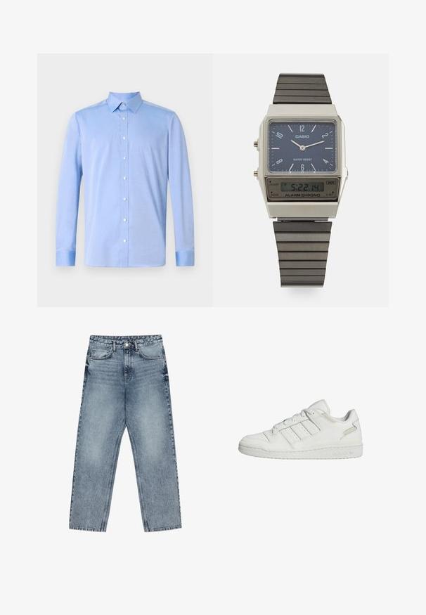 Lyseblå skjorte med lange ermer, klassisk krage og hvite knapper. Stoffet ser glatt ut med en subtil tekstur.; Lys blå denimjeans med rett benkutt, synlige sømmer, fem lommers design og knappelukking i livet.; Hvite Adidas lavtopp sneakers med tre striper på siden, snøring og polstret såle.; Casio digital klokke med blå urskive, sølvfarget kasse og lagdelt svart gummirem. Viser tid og alarminnstillinger. Vanntett.
