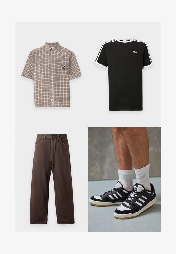 Camisa xadrez de manga curta, castanha, com colarinho abotoado e um bolso no peito apresentando um design bordado em vermelho e preto.; T-shirt preta feita de algodão com detalhes em branco. Apresenta mangas curtas, design raglan, e um pequeno logótipo no peito. Três riscas brancas nos ombros.; Calças largas castanhas feitas de algodão, com um desenho clássico de cinco bolsos, fecho zip e detalhes de costura visíveis.; Ténis em preto e branco com upper em camurça e couro, apresentando três riscas brancas, um toe perfurado e uma sola em borracha de goma.