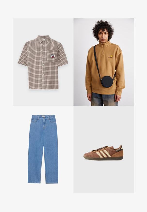 Košeľa s krátkym rukávom v hnedých šachovnicových vzoroch, s golierom na gombíky a náprs Pocketou, ktorá obsahuje vyšívaný dizajn v červenej a čiernej farbe.; Svetlomodré denimové nohavice s rovnými nohavicami, dizajnom s piatimi vreckami, zapínaním na jeden gombík a jemnými švovými detailmi.; adidas Originals SAMBA UNISEX - Tenisky - preloved brown/sand strata/dark brown; Hnedý mikina s štvrťzipom z fleecu s vyšitým logom, so čiernou okrúhlou crossbody taškou so zipsom a detailom loga, nosená cez denim.