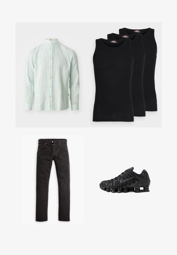 Ljust grön linne skjorta med lång ärm och ståkrage, framknäppning och subtil textur. Har en orange accent vid kragen.; Svarta linnen i ett paket med tre. Ribbad textur, standard rund halsringning, utan ärmar. Nederkant med liten logotyp i botten.; Svarta slim-fit jeans med knappfly, fem fickor och kopparnitar som ligger platt på en vit bakgrund.; Svarta sportskor i mesh och syntetmaterial med ett karakteristiskt vågmönster, svart gummisula och reflekterande detaljer.
