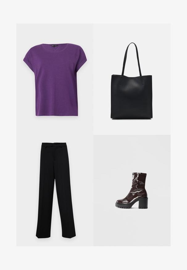 ONLY MOSTER O-NECK - Bluză - imperial purple; Pantaloni negri cu croi larg, dintr-un material neted, având un talie clasică cu închidere prin buton și plisuri frontale.; Botine lucioase burgundy, cu toc gros negru, având o textură netedă și un design simplu. Fără închideri sau modele vizibile.; Geantă tote neagră din piele, cu textură netedă, formă rectangulară și două mânere lungi. Fără hardware vizibil sau ornamente.