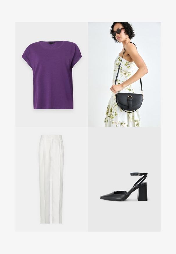 ONLY MOSTER O-NECK - Pusero - imperial purple; Valkoiset raitapantalot suoralinjaisella designilla, valmistettu kevyestä kankaasta. Edessä on laskoksia ja perinteinen vyötärö.}}; Mustat nahkakengät, joissa on kapea kärki, nilkkaremmi ja paksu korko. Tasainen pinta, tyylikäs muotoilu ja minimalistinen estetiikka.; Musta nahkainen käsilaukku, joka on kaareva muotoilultaan, irrotettavalla hihnalla ja kultaisilla yksityiskohdilla. Laukussa on läppä, jossa on solk yksityiskohta.