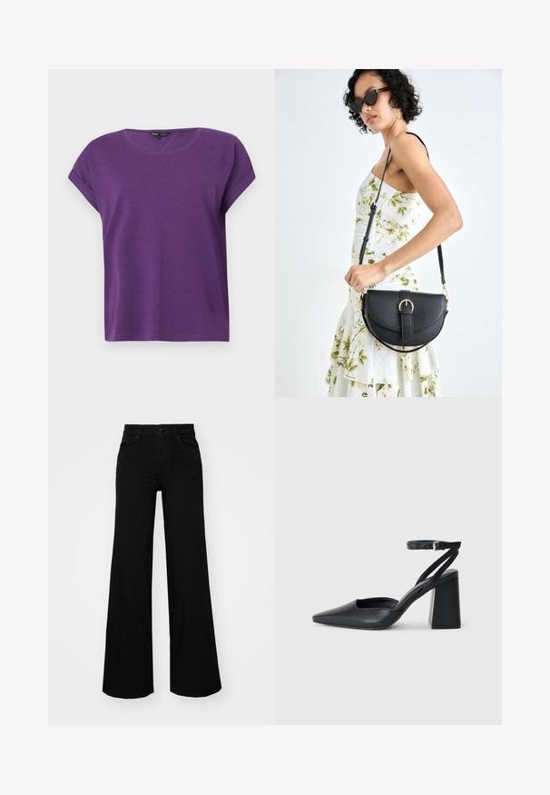 ONLY MOSTER O-NECK - Blouse - imperial purple; Black wide-leg pants made of denim, featuring a structured waistband, belt loops, and front pockets. Smooth texture with a classic design.; Black leather pointy-toe pump with an ankle strap and a chunky heel. Flat texture, sleek design, and minimalistic aesthetics.; Black leather handbag with a curved shape, detachable strap, and gold hardware. The bag features a flap with a buckle detail.