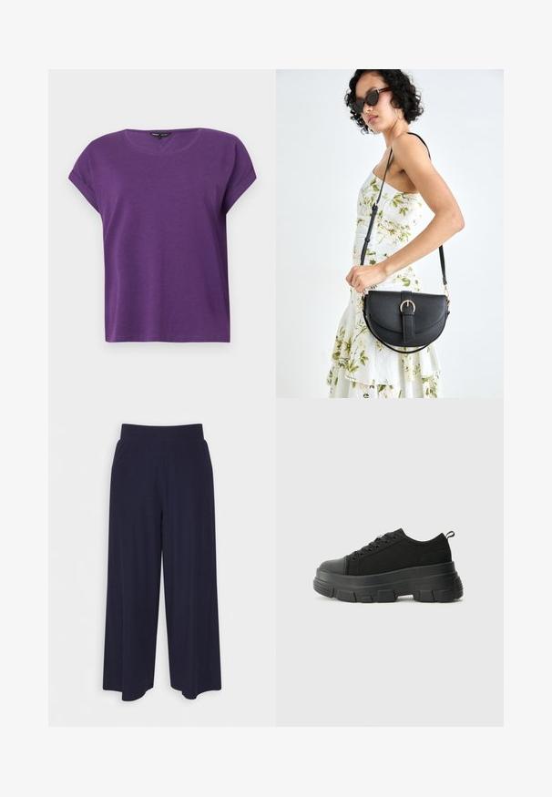 ONLY MOSTER O-NECK - Blouse - imperial purple; Wijd-uitlopende broek in donkerblauwe stof met een geribbeld patroon. Heeft een gladde tailleband en een vloeiende silhouet, die tot halverwege de kuiten reikt.; Zwarte sneakers met een stevige rubberen zool, textiel bovenwerk, ronde neus en vetersluiting. Beschikt over versterkte oogjes en een trekstrip aan de achterkant.; Zwarte leren handtas met een gebogen vorm, afneembare schouderband en gouden hardware. De tas heeft een klep met een gespsluiting.