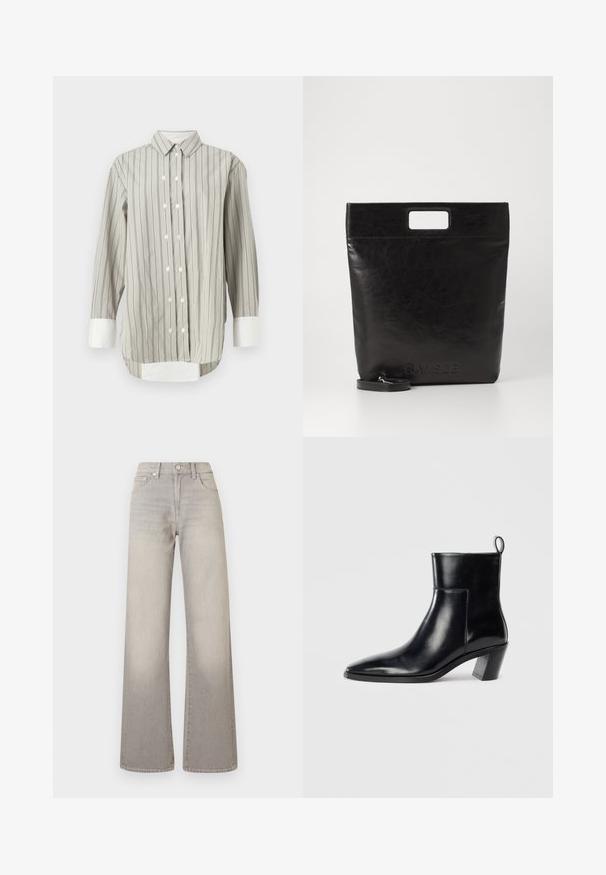 Striped shirt in gray and white, featuring a classic collar, button closure with white buttons, and contrasting white cuffs. Long sleeves.; Gray wide-leg jeans with a faded finish, button closure, five-pocket design, and stitched detailing along the seams.; Black leather ankle boot with a pointed toe, a geometric stacked heel, and a pull tab at the back. Smooth texture and sleek design.; Black leather tote bag with a square handle, featuring a textured finish and embossed logo. Includes a detachable strap.