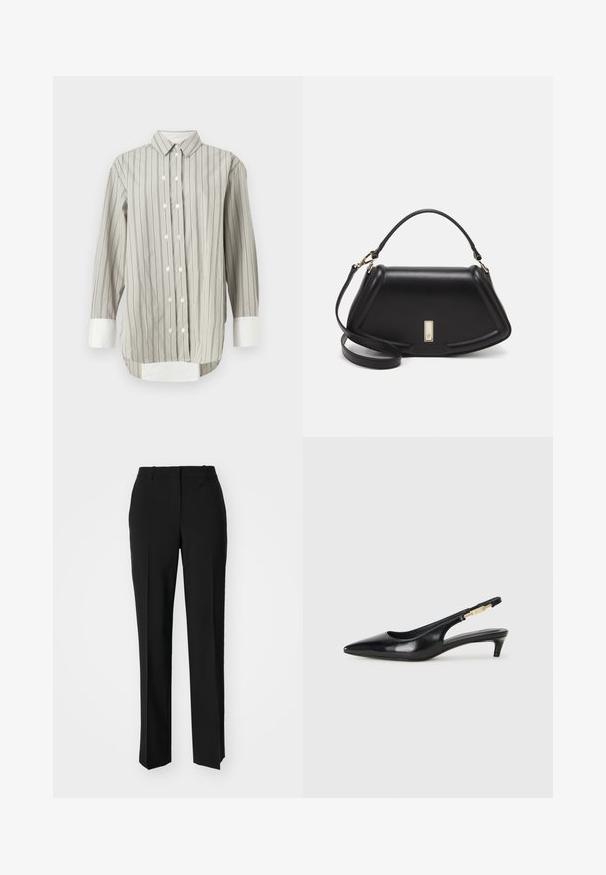 Koszula w paski w odcieniach szarości i bieli, z klasycznym kołnierzykiem, zapięciem na guziki z białymi guzikami oraz kontrastowymi białymi mankietami. Długie rękawy.; Czarne spodnie o dopasowanym kroju z prostymi nogawkami, o gładkiej fakturze i wyraźnych zagięciach z przodu. Bez widocznych elementów metalowych.; Czarne skórzane szpilki typu slingback z ostrym noskiem, posiadające smukły obcas i złoty akcent na regulowanym pasku. Gładka tekstura.; Czarna skórzana torebka o strukturalnym designie, z przyciętą formą, górnym uchwytem i złotymi akcentami. W zestawie regulowany pasek na ramię.