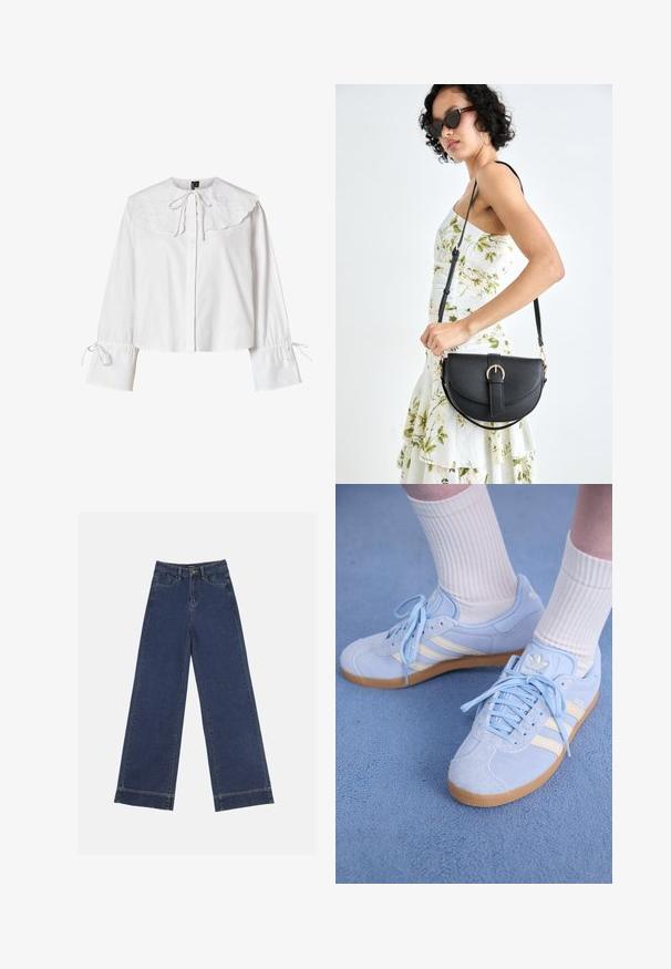 White blouse with a large, embroidered collar, front button closure, and long sleeves with tie details at the cuffs. Soft fabric texture.; Wide-leg jeans in dark blue denim. Features five pockets, belt loops, and a raw hem at the bottom with visible stitching details.; Light blue suede sneakers with white stripes, flat laces, and a gum rubber sole. Ribbed white socks are worn above the ankle.; Black leather handbag with a curved shape, detachable strap, and gold hardware. The bag features a flap with a buckle detail.