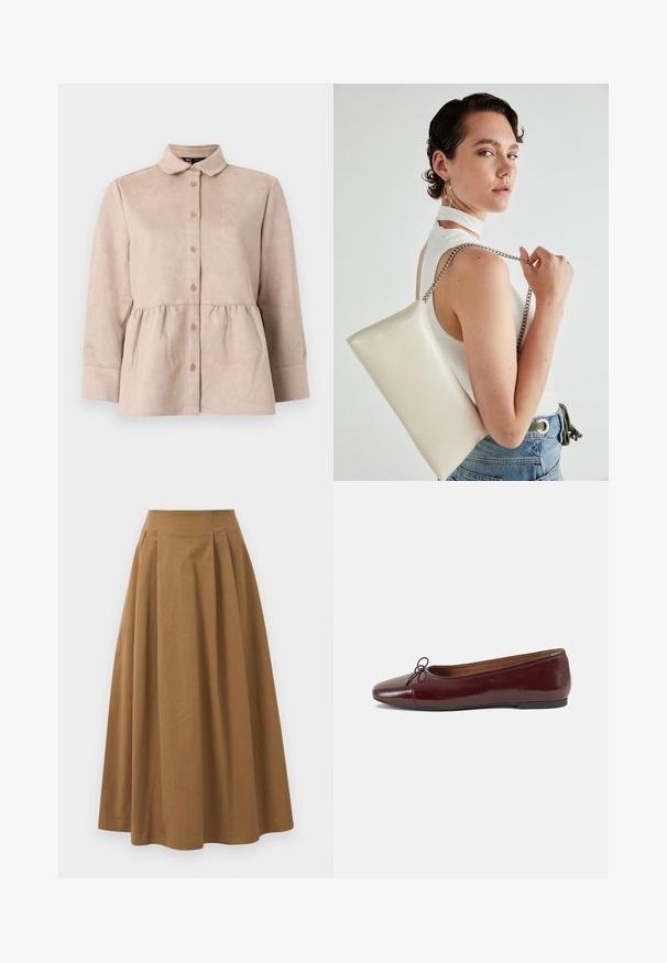 Bež satenasti srajc s ovratnikom, sprednjimi gumbi in peplum pasom. Ima dolge rokave in gladko teksturo z majhnimi gumbi.; Rjava bombažna A-linijska krila z visokim pasom, ki vključuje naborke spredaj in gladko teksturo. Robovi so čisti in preprosti.; Burgundska patenti usnjeni baletni čevlji z zaobljenim prstom, majhnim lokom na sprednji strani in nizkim črnim gumijastim podplatom. Gladka tekstura.; Bela pravokotna torbica za ključe iz sijajnega materiala, opremljena s srebrno verižico. Model pozira in prikazuje torbico na enobarvni podlagi.