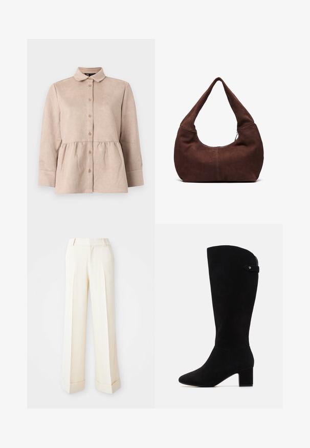 Bézs velúr ing gallérral, gombos elülső résszel és peplum derékkal. Hosszú ujjakkal és sima textúrával rendelkezik, apró gombokkal.; Beige, bő szárú nadrág sima textúrával, elülső redőkkel és hajtott szegéllyel. Derékpánt hurokkal és cipzáras záródással rendelkezik.; Fekete velúr térd fölé érő csizmák hegyes orral és tömbsarkúval. Simák a tapintásuk és egyszerű a dizájnjuk, oldalsó pánt díszítéssel.; Barna velúr hobo táska ívelt, széles fogantyúval és nagy nyílással. Puha textúra, a szélek mentén látható varrás részletekkel.