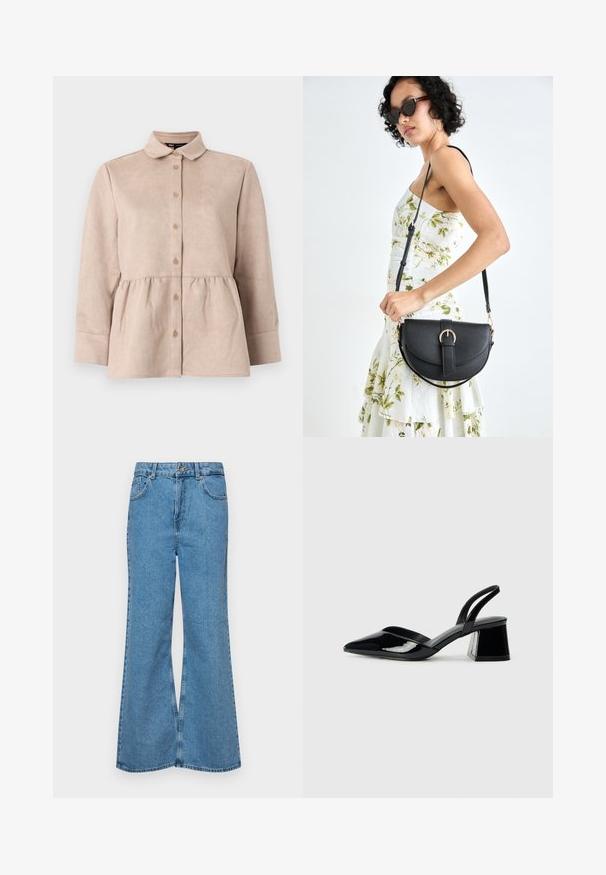 Camisa de camurça bege com gola, frente com botões e cintura peplum. Apresenta mangas longas e textura suave com pequenos botões.; Jeans de brim azuis claros, com corte à boca de sino, apresentando uma cintura alta, cinco bolsos e um fecho de botão único. Textura macia com acabamento desbotado.; Sandy em verniz preto com salto slingback, ponta afilada e salto geométrico. Apresenta um design elegante e minimalista com textura suave.; Bolsa de couro preta com forma curva, alça destacável e detalhes em dourado. A bolsa possui uma aba com detalhe de fivela.