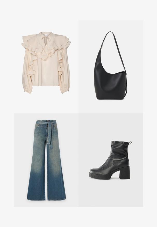 Kreemivärvi blouse, millel on kihilised volangid kaeluse ja varrukate ääres. Omab ümmargust kraed ja ees seotud lukku. Pikkade, kogutud varrukatega.; Laiad denimpüksid, millel on hele tume sinine gradiendiefekt, kõrge vöökoht, vöökumlid ja sobivast kangast vöö. Struktureeritud denimi viimistlus.; Mustad mustad ansapüksid, mis on valmistatud siledast nahast, külje zipperiga, paksu tekstuuriga kontsaga ja ümmarguse nina disainiga.; Mustast nahast hobo kott, millel on sile tekstuur, kumer kuju ja üks reguleeritav rihm; peal on lai avaus.