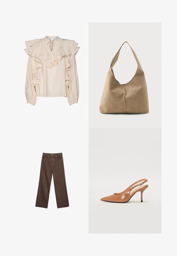 Cream blouse with layered ruffles along the neckline and sleeves. Features a round collar and a tie closure at the front. Long, gathered sleeves.; Wide-leg brown jeans made of denim, featuring a high waist, front pockets, and a classic button closure. Smooth texture with subtle stitching.; Pointed toe slingback heel in a smooth, glossy tan material. Features a curved cutout design and a slender stiletto heel. Silver buckle detail.; Hobo bag in soft beige suede with a slouchy shape, wide shoulder strap, and a hand-stitched seam detail along the front.