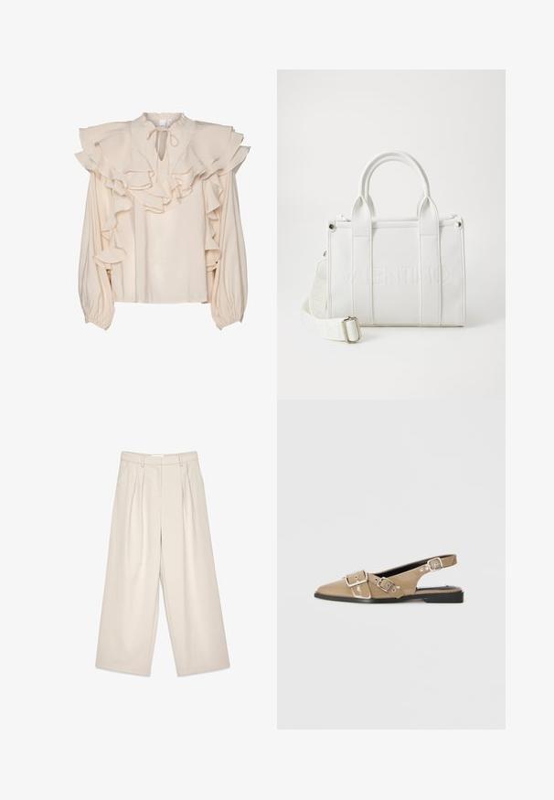 Kreemivärvi blouse, millel on kihilised volangid kaeluse ja varrukate ääres. Omab ümmargust kraed ja ees seotud lukku. Pikkade, kogutud varrukatega.; Beežid lai jalad, millel on volangud, sujuva tekstuuriga ja vöökohad. Kohandatud lõige, pakkudes jalgade ümber lõdva istuvuse.; Beige lakkmaterjalist slingback kingad terava ninaga, kahe reguleeritava pandlaga ja madala musta kandiga. Siledat tekstuuri ja läikiv viimistlus.; Valge nahast käekott, millel on reljeefne logo, struktureeritud kuju, kaks ülemist sangad, eemaldatav õlapael ja tekstuuriga pind.