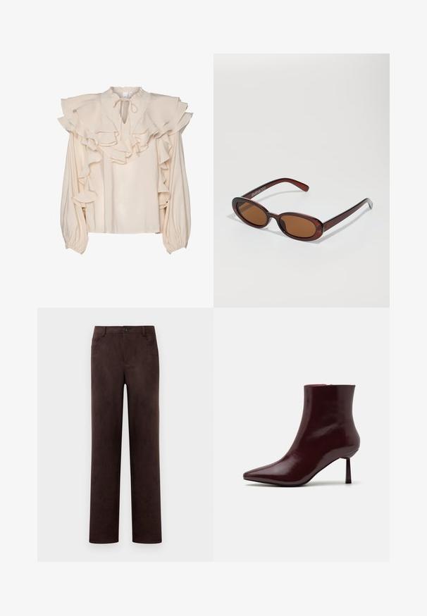 Kremasta bluzica z večplastnimi volančki ob izrezu in manšetah. Ima okrogel ovratnik in zavezovanje spredaj. Dolgi, nabrani rokavi.; Hlače iz temno rjave nobuk kože s ravnimi nogavicami, sprednjim gumbom in zadrgo, z zankami za pas in stranskimi žepi.; Burgundska patentna kožna gležnjarja s koničastim nosom in ozko špicasto peto, s gladko, sijočo teksturo in minimalističnim dizajnom.; Okrogle, rjavo obarvane sončne naočare z sijočim burgundskim okvirjem. Tanek nosilec s subtilnim logotipom. Oblika leč je ravna.; Tkanina burgundska torbica z zaobljeno obliko in enim ročajem, s teksturirano površino in elastičnim zaveznim zapiranjem.