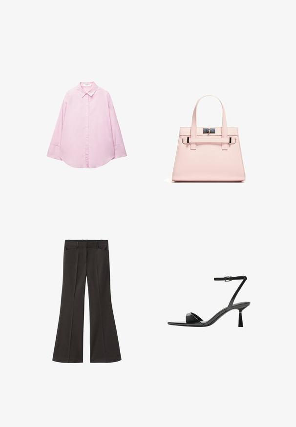 Różowa koszula z długim rękawem w pionowe białe paski, zapinana na guziki z klasycznym kołnierzykiem, zaokrąglonym dołem oraz luźnym krojem. Materiał bawełniany.; Czarne spodnie z szerokimi nogawkami i wysokim stanem; posiadają dwie przednie kieszenie oraz gładką teksturę materiału. Idealne na różne okazje.; Bershka - Sandały na obcasie; Różowa torebka o strukturalnym kształcie, wykonana z teksturowanej skóry, z dwoma uchwytami u góry, zapięciem na zatrzask oraz kontrastującymi metalowymi akcentami.