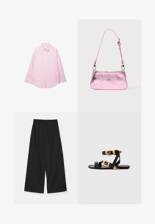 Rosa Langarmhemd mit vertikalen weißen Streifen, Knopfleiste, klassischem Kragen, abgerundetem Saum und lässiger Passform. Aus Baumwollmaterial.; Schwarze weite Hosen aus einem glatten Stoff, mit hoher Taille, vorderen Falten, einem Knopfverschluss und einer geraden Silhouette.; Schwarze Ledersandalen mit goldenen Schnallenakzenten, die mehrere Riemen und ein flaches Sohlendesign für das Tragen mit offenen Zehen bieten.; Pink metallic Handtasche mit geknitterter Textur, verstellbarem Riemen und silberner Hardware. Verfügt über ein kleines Emblem auf der Vorderseite.