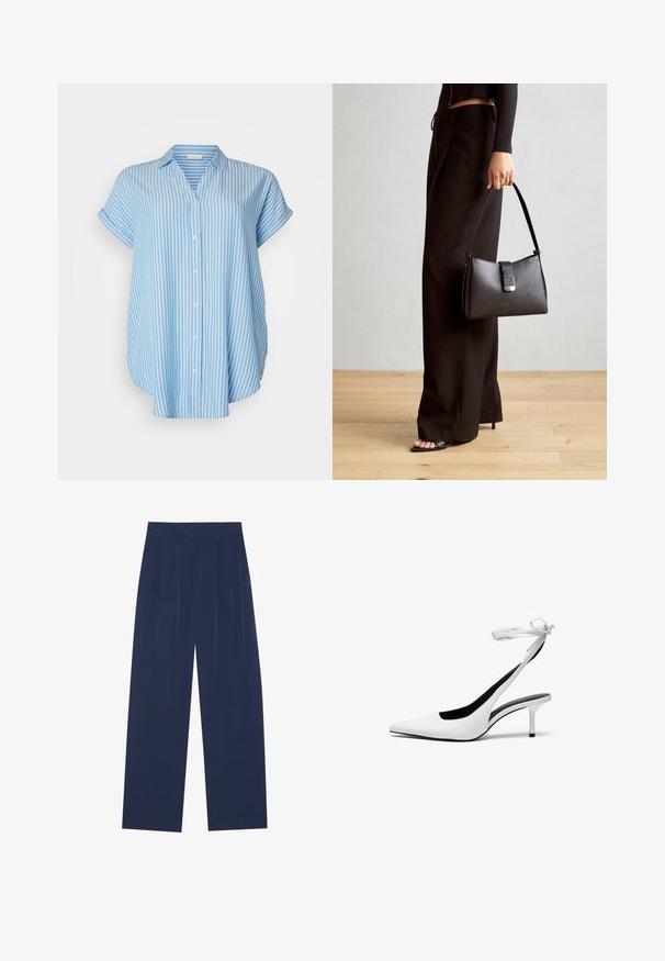 Button-up shirt in light blue with white vertical stripes. Short sleeves, relaxed fit, lightweight fabric, and a collar.; Navy blue wide-leg pants made of soft fabric, featuring front pleats, a smooth texture, and a straight fit with no visible pockets.; White pointed-toe slingback heels with a thin ankle strap. Smooth leather material, thin stiletto heel, and a black interior lining.; Black handbag with structured shape, smooth texture, and a metallic clasp. Paired with wide black pants and open-toe sandals on wooden floor.