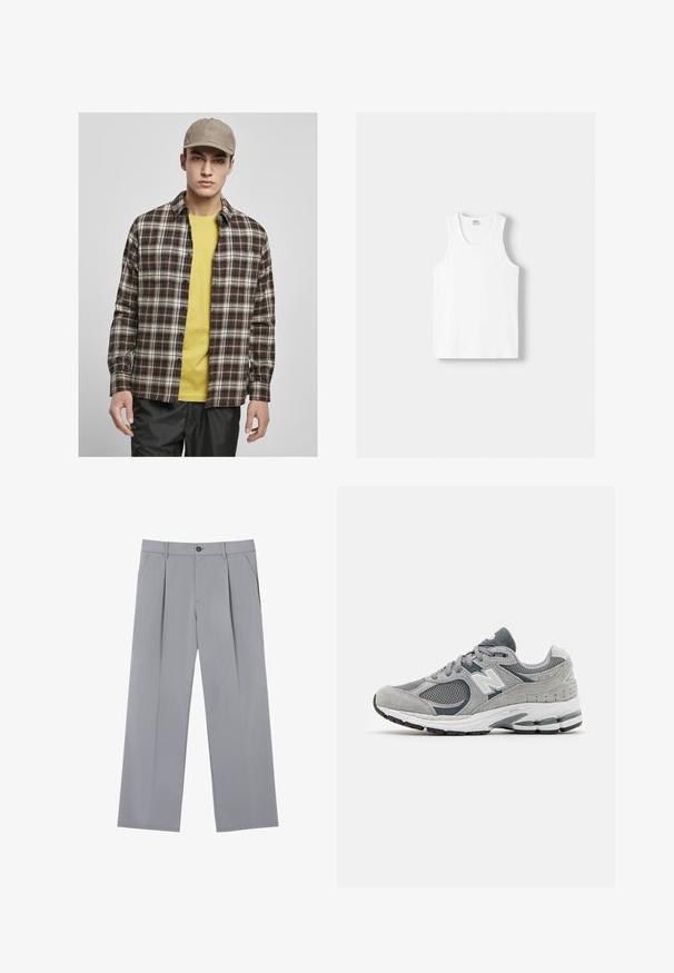 Urban Classics ROOTS - Košile - darkground/warmsand; Bílý bavlněný top na ramínka s kulatým výstřihem, širokými ramínky a rovním lemem, s hladkou texturou a bez viditelných vzorů.; Šedé skládací kalhoty s volným střihem, vyrobené z lehkého materiálu. Obsahují přední kapsy a knoflíkovou uzávěrku v pase.; Šedé tenisky vyrobené z prodyšné síťoviny a semišových materiálů, s bílým logem, polstrovaným límcem a texturovanou gumovou podešví. Akcenty ve tmavě šedé barvě.