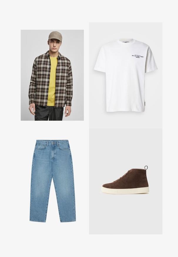 Urban Classics ROOTS - Button down-skjorte - darkground/warmsand; Hvit bomull T-skjorte med korte ermer, rund hals, med svart tekst som sier "BELLA CIAO FRA NAPOLI" og et merke på siden.; Lyseblå denim brede benbukser med høy midje, som har fem lommer, beltehemper og en myk, lett falmet tekstur.; Brune semskede ankel sneakers med sål i hvid gummi, med en rund tå, snøredesign og en løkke bagpå.