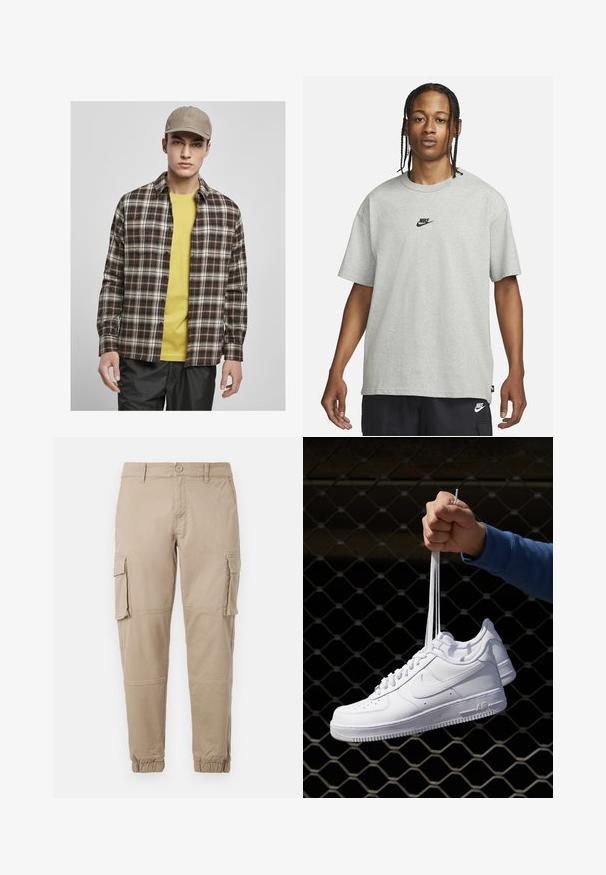 Urban Classics ROOTS - Pluus - darkground/warmsand; Noor, kellel on punutud juuksed, kannab heledat halli Nike T-särki ja musti Nike lühikesi pükse,neutraalset valget tausta vastu.; Beežid cargo-püksid kergest puuvillaste materjalist. Omab elastseid varrukatükke, mitmeid külgpocket'ite ja nööbiga sulgemist.; Valged nahast tennisetossud, millel on perforatsioonid, ümar nina, lame tallus ja paksud nöörid, nähtava swooshi logoga ja "AIR" kontsadel.