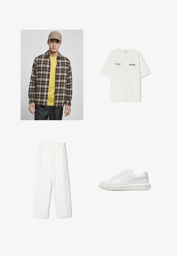 Urban Classics ROOTS - Hemd - darkground/warmsand; Weißes Baumwoll-T-Shirt mit kurzen Ärmeln. Auf der Vorderseite befindet sich schwarzer Text: „NICHT MORGEN NICHT HEUTE“ und „DIE KUNST DES DIRT MOVING“ in grüner Schrift.; Weiße weit geschnittene Hosen austexturiertem Stoff. Mit elastischem Bund und zwei seitlichen Taschen. Lässiger, lockerer Schnitt.; Weißer Sneaker mit einem glatten synthetischen Obermaterial, runder Spitze, flachen Schnürsenkeln, strukturiertem Sohlen und einem geschichteten, Plattform-Design für zusätzlichen Halt.