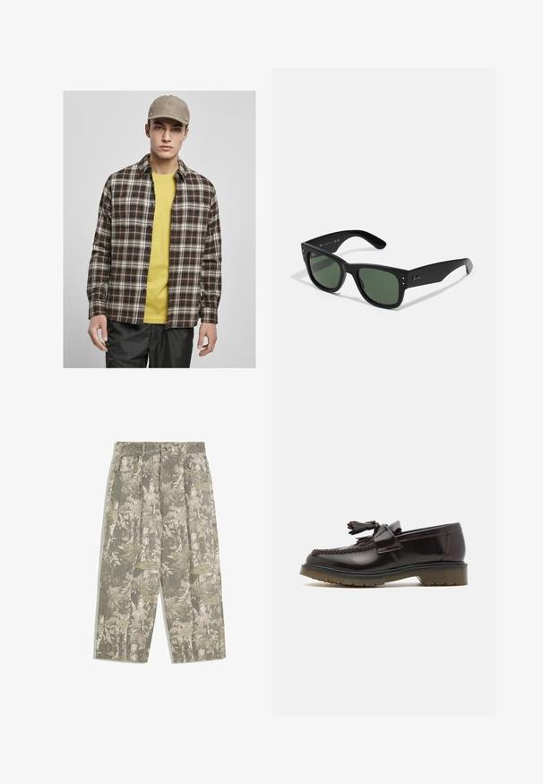 Urban Classics ROOTS - Košile - darkground/warmsand; Kargo kalhoty s širokými nohavicemi v zeleném a béžovém maskáčovém vzoru s listy a kůrou, se zapínacími kapsami a poutky na pás.; Hnědé kožené mokasíny s tkaným vzorem, detaily v podobě třásní a plochou gumovou podrážkou. Mají hladký povrch a kontrastní švy.; Černé obdélníkové sluneční brýle se zelenými skly, matným povrchem, nenápadnými kovovými akcenty a Embosovaným logem na stranicích.; Olivově zelená taška přes rameno s dvojitými uchy a nastavitelným ramenním popruhem. Obsahuje hlavní zipovou přihrádku a přední zipovou kapsu.