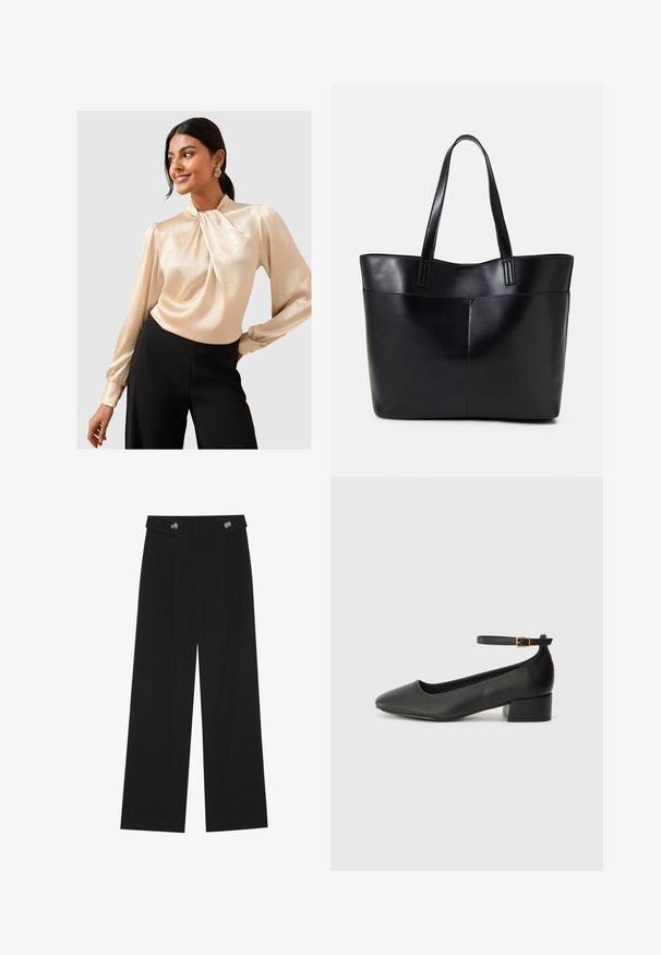 Blusa drappeggiata color beige chiaro con maniche lunghe e colletto arricciato; texture liscia e lucida. Indossata con pantaloni neri aderenti.; Pantaloni neri a gamba larga con vita alta, dettagli con bottoni in vita e pieghe frontali.; Pump in pelle nera con punta affusolata e tacco basso a blocco. Presenta una cinghia alla caviglia con una fibbia in tonalità oro. Texture liscia.; Borsa a tracolla in pelle nera con due manici lunghi, una texture liscia e una forma strutturata. Presenta una tasca frontale per ulteriore spazio di archiviazione.