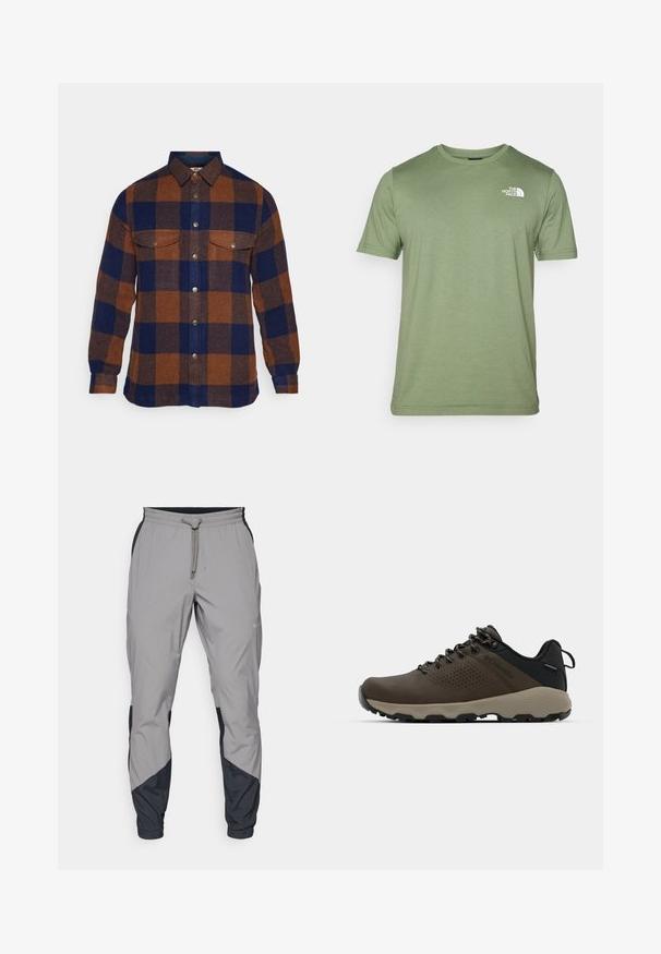 Flanelinė marškiniai turi didelį mėlynai rudo patterno raštą, sagčių uždarymą, dvi krūtinės kišenes ir klasikinio modelio apykaklę.; Alyvuogių žalios spalvos trumpomis rankovėmis marškinėliai, pagaminti iš minkštos medžiagos. Sukurtas su apvalia iškirpte ir balta logo kairėje krūtinės pusėje. Lygi tekstūra visame paviršiuje.; Lengvas, pilkos sportinės kelnės su juodais akcentais. Elastingas juosmuo, raišteliu užsegimas, siaurėjantis kojų dizainas ir šoninės kišenės.; Rudi nepralaidūs sportbačiai su tekstūruota viršutine dalimi, perforuotomis detalėmis, juodu kulno palaikymu ir pilku guminio padu. Šniūreliai yra dekoruoti metaliniais galais.