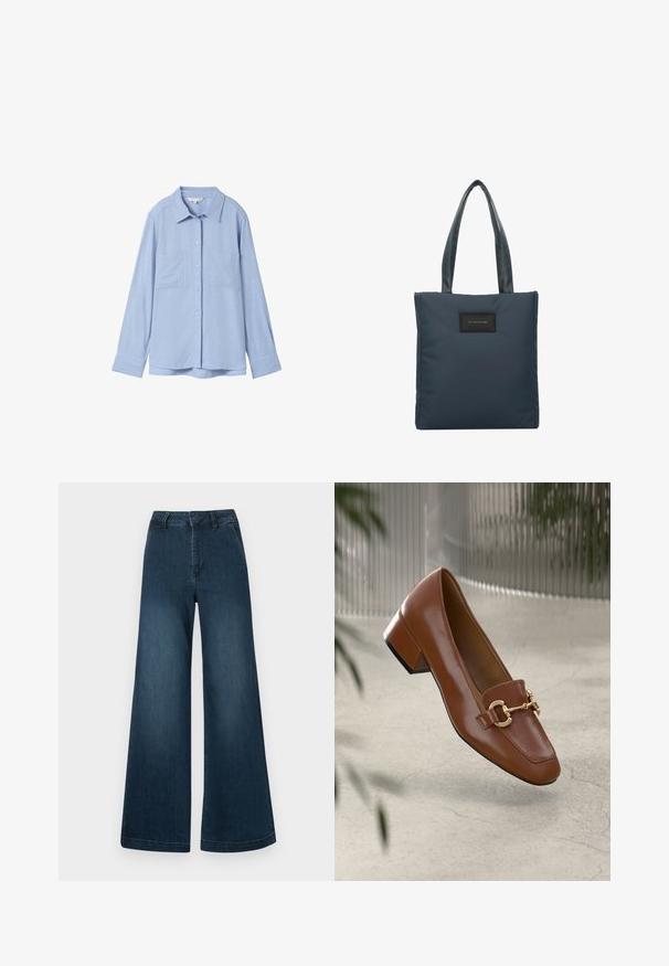 Hellblaues Langarmhemd aus weichem Stoff, mit spitzem Kragen, Knopfverschluss und zwei Vorderfächern.; Dunkelblaue High-Waist-Jeans mit weitem Bein, Taschen vorne und Gürtelschlaufen auf weißem Hintergrund.; Braune Lackleder-Loafer mit quadratischer Zehenpartie, metallischem Kettenakzent und niedrigem Blockabsatz; glatte Textur, minimalistisches Design.; Tote Bag in Marineblau aus glattem Nylon, mit zwei strukturierten Griffen und einem schwarzen rechteckigen Logo-Patch auf der Vorderseite.
