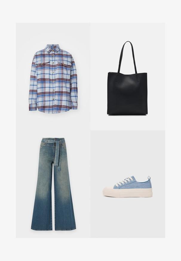 Camisa de cuadros en azul claro, con franjas rojas y marinas, dos bolsillos en el pecho y detalles de botones dorados. Textura de tela suave.; Pantalones de mezclilla de pierna ancha con un degradado de azul claro a oscuro, cintura alta, trabillas para cinturón y un cinturón de tela a juego. Acabado de mezclilla texturizada.; Zapatillas de lona azul claro con una puntera y suela de goma crema, que cuentan con cordones blancos y una lengüeta en el talón.; Bolso tote de cuero negro con textura lisa, forma rectangular y dos asas largas. Sin herrajes ni adornos visibles.