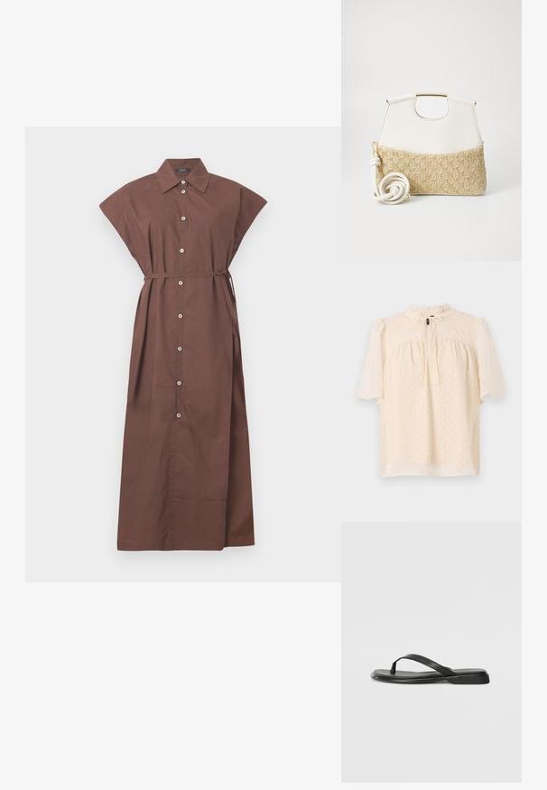 Lichtbeige blouse met puffed sleeves, textuurstof met subtiele stippen, keyhole hals met strik, en kantafwerking langs de schouders.; Bruine button-up jurk met een kraag, korte mouwen, een strikriem in de taille en een lange, vloeiende snit. Gladde katoenstof.; Zwarte teenflip-flop van glad leer, met een dunne band en een platte zool met een minimalistisch profiel. Geen opvallende patronen of accenten.; Witte leren handtas met een doorgetrokken creme geweven stof aan de onderkant. Voorzien van een gouden handvat en een opgerolde witte schouderband voor veelzijdigheid.