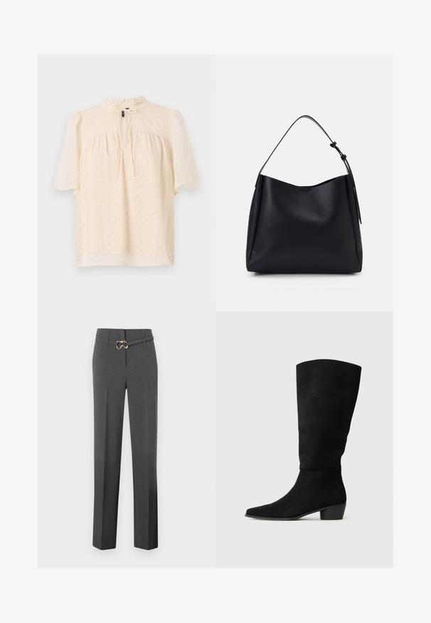 Lichtbeige blouse met puffed sleeves, textuurstof met subtiele stippen, keyhole hals met strik, en kantafwerking langs de schouders.; Donkergrijze op maat gemaakte damesbroek met rechte pijpen en een dunne bijpassende riem met een goudkleurige gesp.; Zwarte suede kniehoge laars met een lage blokhak en een spitse neus, weergegeven in zijaanzicht op een effen lichtgrijze achtergrond.; Zwarte leren hobo tas met een enkele schouderriem, gladde textuur, taps toelopende bovenkant en minimalistisch ontwerp zonder zichtbare hardware.