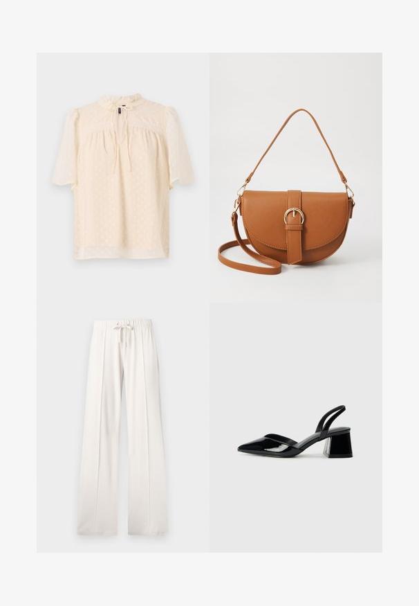 Svetlo bež bluzica s napuhanim rukavima, teksturirana tkanina s suptilnim točkicama, otvor za ključ s vezanjem i čipkastim rubom duž yokea.; Svetlo bež trenirke, izdelane iz mehkega blaga, s punch rezom v pasu, širokimi nogami in vertikalnimi šivi ter gladko teksturo.; Črne lakirane slingback pete s koničastim nosom in geometrijsko blokasto peto. Imajo eleganten, minimalističen dizajn in gladko teksturo.; Rjava usnjena torbica prek telesa s ukrivljeno obliko, zlate opreme in sponko. Ima odstranljiv naramni trak.