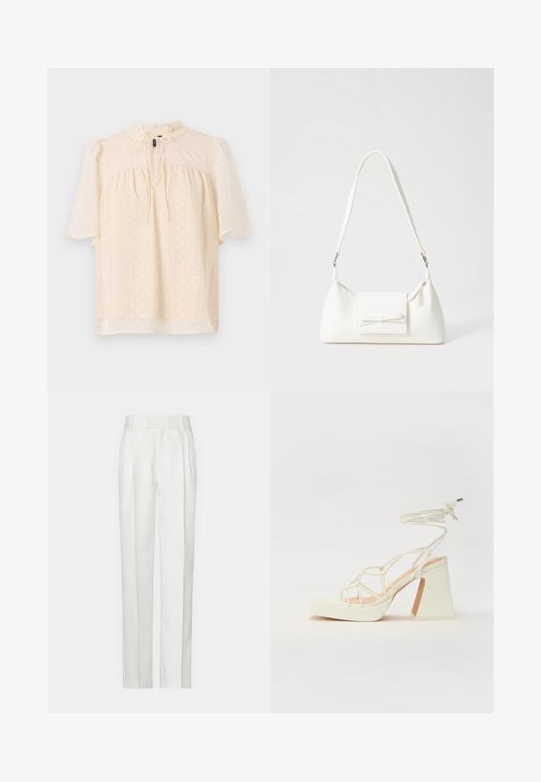 Ανοιχτό μπεζ μπλούζα με φουσκωτά μανίκια, υφαντό ύφασμα με διακριτικά πουά, λαιμόκοψη με άνοιγμα και κορδόνι, και δαντέλα κατά μήκος του λαιμού.; Λευκά παντελόνια με ρίγες και ίσια κοπή, κατασκευασμένα από ελαφρύ ύφασμα. Διαθέτουν πιέτες μπροστά και παραδοσιακή μέση.; Λευκό πέδιλο με ψηλό τακούνι και χοντρή φτέρνα, διαθέτει σχέδιο με λουριά και λουράκι στον αστράγαλο. Λείο υλικό με μπροστινό πλατφόρμα για επιπλέον ύψος.; Λευκή συνθετική τσάντα σε τριγωνικό σχήμα, με επίπεδη μπροστινή καπάκι και λεπτομέρεια φιόγκου, ρυθμιζόμενο λουράκι, απαλή υφή και μινιμαλιστικό σχέδιο.
