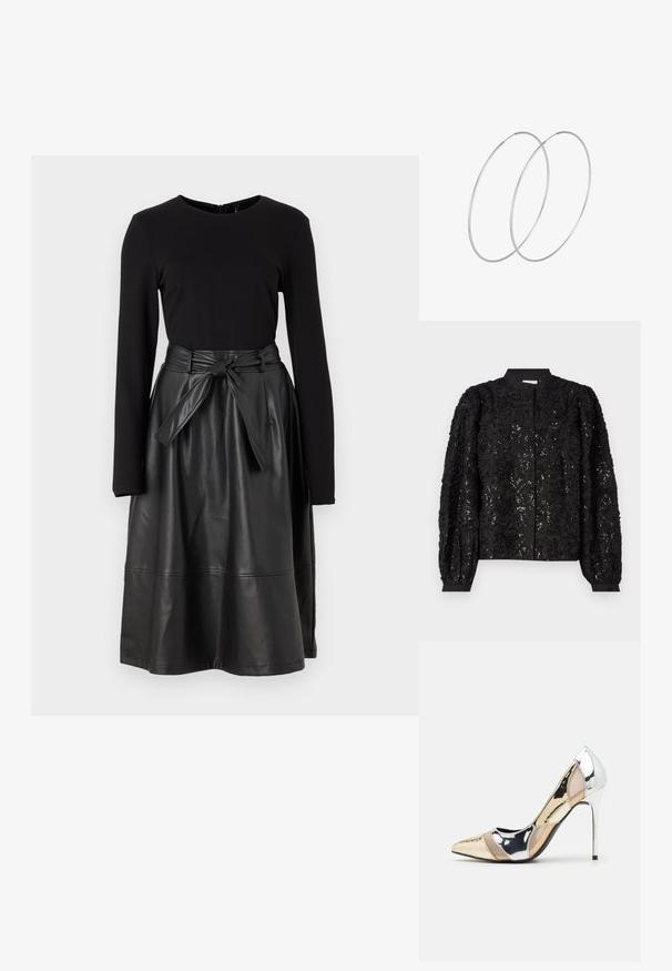 Schwarze Jacke mit floralem Muster, verziert mit Pailletten, abgerundetem Kragen und langen puffärmel mit angepassten Manschetten, die ihr dreidimensionales Design betonen.; Schwarzes Langarmoberteil kombiniert mit einem schwarzen Rock aus Kunstleder, der über einen gebundenen Bund und eine glatte, glänzende Textur verfügt.; Spitz zulaufender High-Heel-Schuh in einer Farbgestaltung aus Silber, Gold und Nude. Glänzende Oberfläche mit Ausschnittdesign und stiletto Absatz.; Silberne metallic Pouch-Tasche mit einer sanften, abgerundeten Form und einem geknoteten Verschluss oben. Hergestellt aus glattem Kunstleder.; Silberne Creolen mit minimalistischem Design. Rundform, glatte Oberfläche und dünnes Profil. Leichtgewichtig mit hochglänzender Oberfläche.